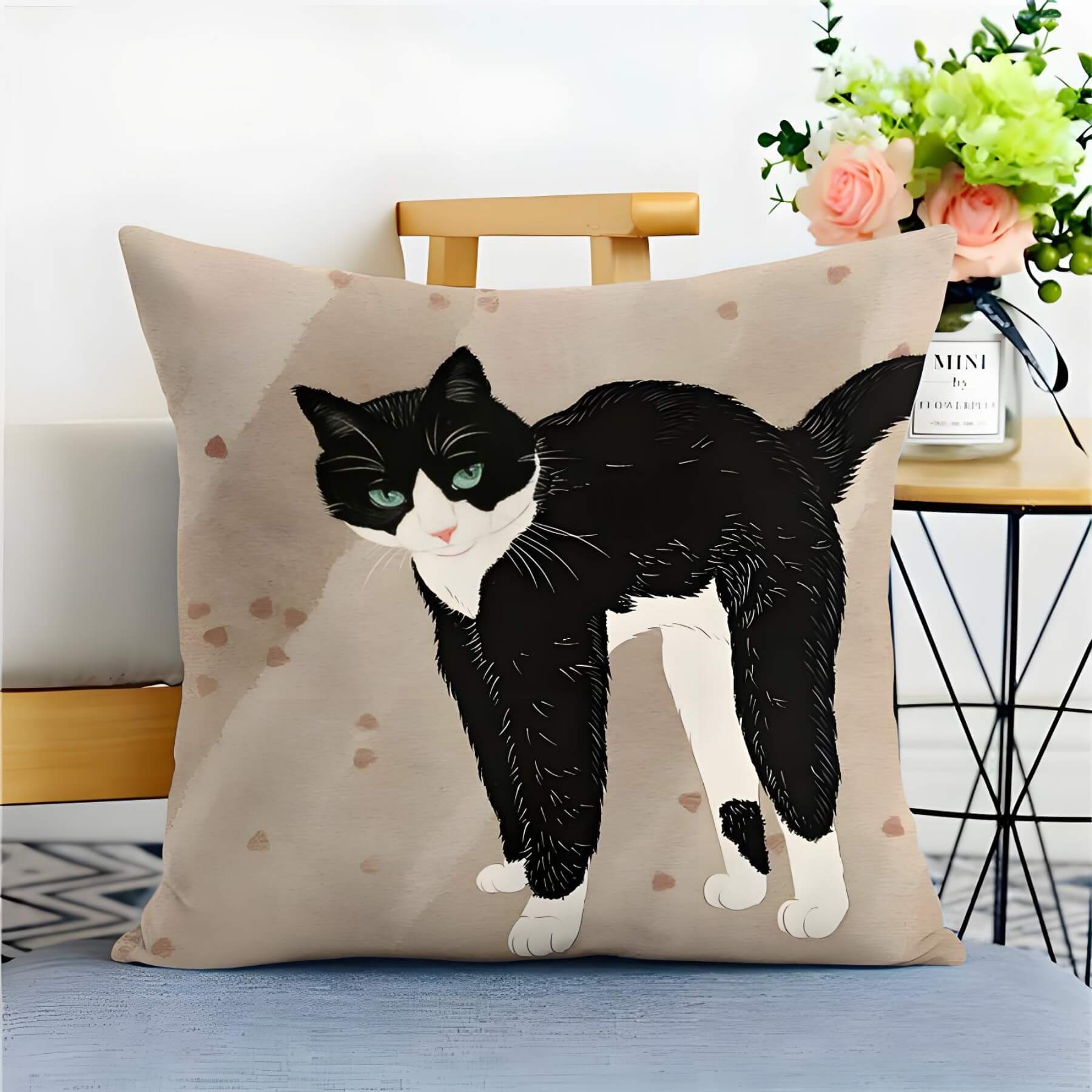 cow cat throw pillow with light brown cloth